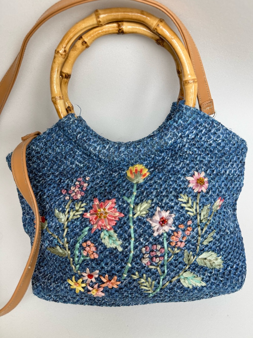 Vintage Boho Woven Straw Beaded Floral Ribbon Embroidered Handbag - Picture 2 of 12